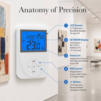 Temperature measurement accuracy ±1°C at 20°C Underfloor Heating Room Programmable Thermostat with Display Temperature Range 0°C 40°C in 0.1°C Increments and Standby Current Lighting Current ≤ 7mA