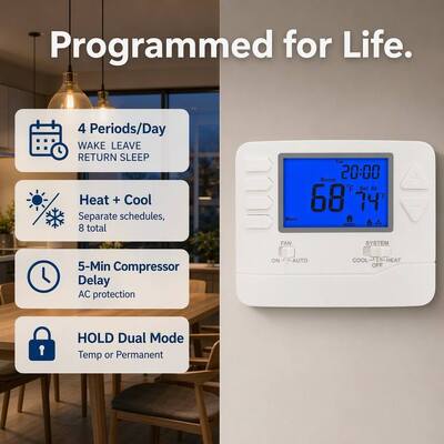 Conventional Application Type Wired Room Programmable Temperature heating thermostat featuring LCD Display designed for temperature management in heating systems
