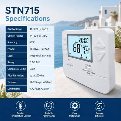 24V Large LCD Display HVAC Temperature Controller Wired Thermostat 7 Day 2 Heat 2 Cool Battery Power