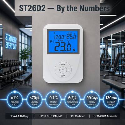 温度測定精度 ±1℃ (20℃時) ディスプレイ付き床暖房室用プログラマブルサーモスタット 温度範囲 0℃～40℃ (0.1℃刻み) およびスタンバイ電流 照明電流 ≤ 7mA
