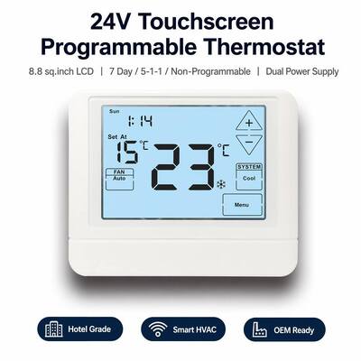 デジタルHVAC プログラム可能な温度調節器 電子室 24V LCD バッテリー温度調節器 バックライト色 白 青 緑 温度調節範囲 44°F から 90°F 7°C から 32°C 気候ソリューション