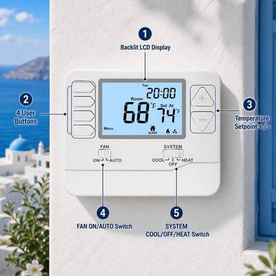 24V大型LCDディスプレイHVAC温度コントローラー有線サーモスタット7日間2ヒート2クールバッテリー電源
