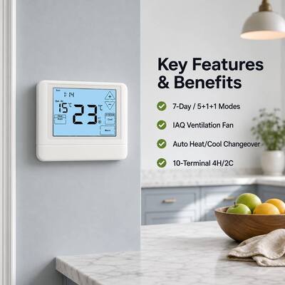 ホテルおよびアパートのHVACシステム用の24Vまたはバッテリー駆動ヒートポンプ7日間2ヒート2クールタッチスクリーンLCDサーモスタット
